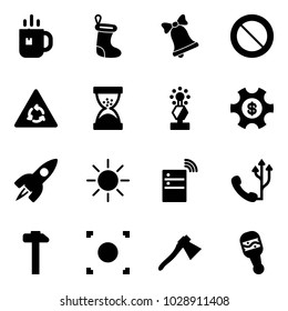 Solid vector icon set - tea vector, christmas sock, bell, prohibition road sign, round motion, sand clock, award, money managemet, rocket, sun, server wireless, phone, hammer, record button, axe