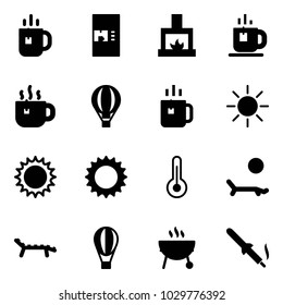 Solid vector icon set - tea vector, coffee machine, fireplace, hot, air balloon, green, sun, thermometer, lounger, grill, soldering iron