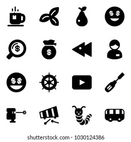 Solid vector icon set - tea vector, three leafs, pear, dollar smile, money search, bag, fast backward, manager, hand wheel, playback, chisel, laser lever, xylophone, toy caterpillar, bus
