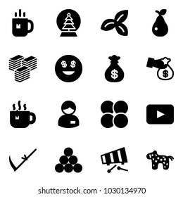 Solid vector icon set - tea vector, snowball tree, three leafs, pear, big cash, dollar smile, money bag, encashment, hot, manager, atom core, playback, scythe, billiards balls, xylophone, toy horse