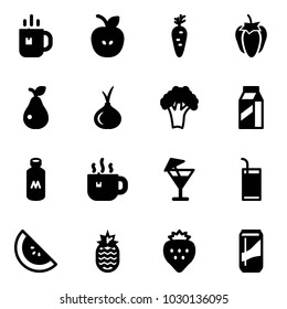 Solid vector icon set - tea vector, apple, carrot, sweet pepper, pear, onion, broccoli, milk, hot, drink, watermelone, pineapple, strawberry