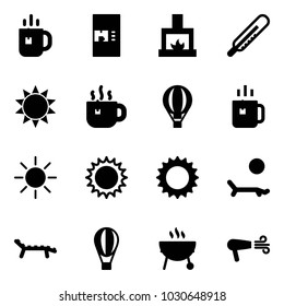 Solid vector icon set - tea vector, coffee machine, fireplace, thermometer, sun, hot, air balloon, green, lounger, grill, dryer