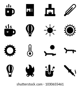Solid vector icon set - tea vector, coffee machine, fireplace, thermometer, hot, air balloon, sun, lounger, fire, casting of steel, soldering iron