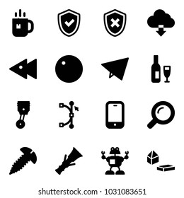 Solid vector icon set - tea vector, shield check, cross, download cloud, fast backward, record, paper fly, wine, piston, bezier, mobile phone, magnifier, screw, dowel, robot, constructor blocks