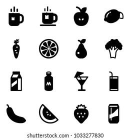 Solid vector icon set - tea vector, apple, lemon, carrot, slice, pear, broccoli, milk, drink, banana, watermelone, strawberry