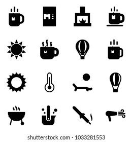 Solid vector icon set - tea vector, coffee machine, fireplace, sun, hot, air balloon, green, thermometer, lounger, grill, casting of steel, soldering iron, dryer