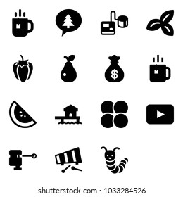 Solid vector icon set - tea vector, merry christmas message, tonometer, three leafs, sweet pepper, pear, money bag, green, watermelone, bungalow, atom core, playback, laser lever, xylophone