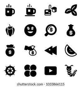 Solid vector icon set - tea vector, tonometer, three leafs, sweet pepper, dollar smile, money search, bag, encashment, fast backward, watermelone, hand wheel, atom core, playback, toy caterpillar