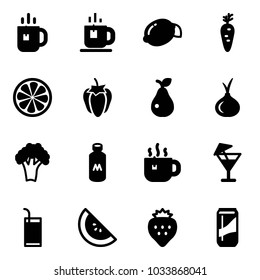 Solid vector icon set - tea vector, lemon, carrot, slice, sweet pepper, pear, onion, broccoli, milk, hot, drink, watermelone, strawberry