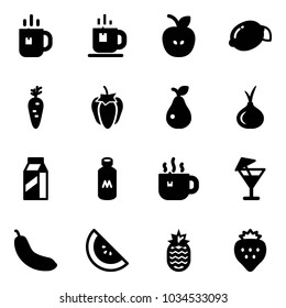 Solid vector icon set - tea vector, apple, lemon, carrot, sweet pepper, pear, onion, milk, hot, drink, banana, watermelone, pineapple, strawberry