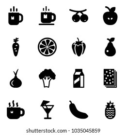 Solid vector icon set - tea vector, rowanberry, apple, carrot, lemon slice, sweet pepper, pear, onion, broccoli, milk, breads, hot, drink, banana, pineapple