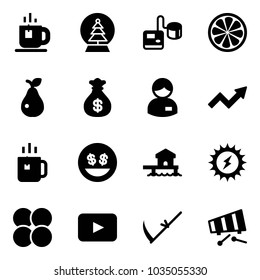 Solid vector icon set - tea vector, snowball tree, tonometer, lemon slice, pear, money bag, manager, growth arrow, green, smile, bungalow, sun power, atom core, playback, scythe, xylophone