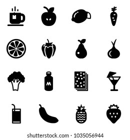 Solid vector icon set - tea vector, apple, lemon, carrot, slice, sweet pepper, pear, onion, broccoli, milk, breads, drink, banana, pineapple, strawberry