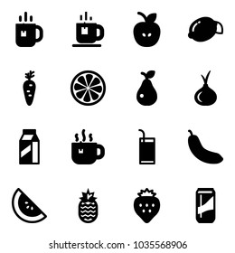 Solid vector icon set - tea vector, apple, lemon, carrot, slice, pear, onion, milk, hot, drink, banana, watermelone, pineapple, strawberry