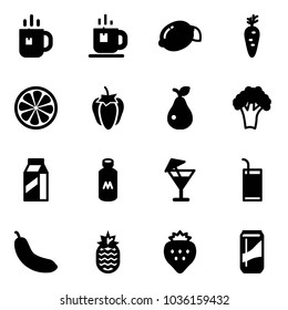Solid vector icon set - tea vector, lemon, carrot, slice, sweet pepper, pear, broccoli, milk, drink, banana, pineapple, strawberry