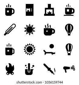 Solid vector icon set - tea vector, coffee machine, fireplace, thermometer, sun, hot, air balloon, green, lounger, fire, casting of steel, soldering iron, dryer