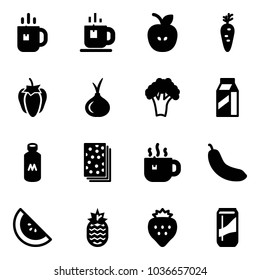 Solid vector icon set - tea vector, apple, carrot, sweet pepper, onion, broccoli, milk, breads, hot, banana, watermelone, pineapple, strawberry, drink