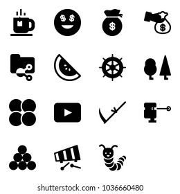 Solid vector icon set - tea vector, dollar smile, money bag, encashment, shared folder, watermelone, hand wheel, forest, atom core, playback, scythe, laser lever, billiards balls, xylophone