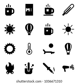 Solid vector icon set - tea vector, coffee machine, thermometer, sun, air balloon, green, lounger, fire, casting of steel, soldering iron, dryer