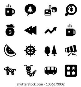 Solid vector icon set - tea vector, merry christmas message, tonometer, money search, bag, fast backward, growth arrow, green, watermelone, hand wheel, forest, xylophone, toy horse, caterpillar, bus