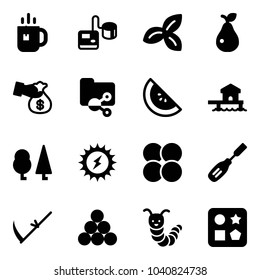 Solid vector icon set - tea vector, tonometer, three leafs, pear, encashment, shared folder, watermelone, bungalow, forest, sun power, atom core, chisel, scythe, billiards balls, toy caterpillar