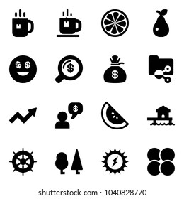 Solid vector icon set - tea vector, lemon slice, pear, dollar smile, money search, bag, shared folder, growth arrow, dialog, watermelone, bungalow, hand wheel, forest, sun power, atom core