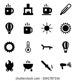 Solid vector icon set - tea vector, fireplace, thermometer, air balloon, green, sun, lounger, fire, grill, soldering iron, dryer