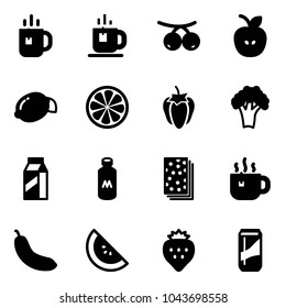 Solid vector icon set - tea vector, rowanberry, apple, lemon, slice, sweet pepper, broccoli, milk, breads, hot, banana, watermelone, strawberry, drink