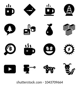 Solid vector icon set - tea vector, smoking area sign, snowball tree, merry christmas message, tonometer, pear, big cash, money search, hot, smile, sun power, playback, laser lever, toy horse