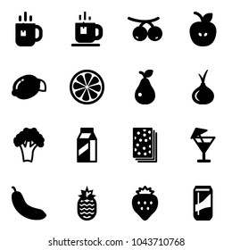 Solid vector icon set - tea vector, rowanberry, apple, lemon, slice, pear, onion, broccoli, milk, breads, drink, banana, pineapple, strawberry