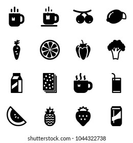 Solid vector icon set - tea vector, rowanberry, lemon, carrot, slice, sweet pepper, broccoli, milk, breads, hot, drink, watermelone, pineapple, strawberry