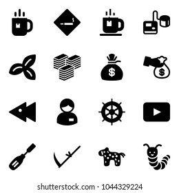 Solid vector icon set - tea vector, smoking area sign, tonometer, three leafs, big cash, money bag, encashment, fast backward, manager, hand wheel, playback, chisel, scythe, toy horse, caterpillar