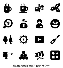 Solid vector icon set - tea vector, tonometer, three leafs, money search, bag, manager, smile, forest, sun power, playback, chisel, laser lever, billiards balls, xylophone, cube hole toy