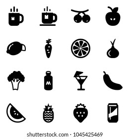 Solid vector icon set - tea vector, rowanberry, apple, lemon, carrot, slice, onion, broccoli, milk, drink, banana, watermelone, pineapple, strawberry