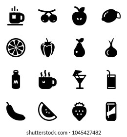 Solid vector icon set - tea vector, rowanberry, apple, lemon, slice, sweet pepper, pear, onion, milk, hot, drink, banana, watermelone, strawberry