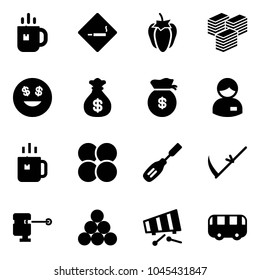 Solid vector icon set - tea vector, smoking area sign, sweet pepper, big cash, dollar smile, money bag, manager, green, atom core, chisel, scythe, laser lever, billiards balls, xylophone, toy bus