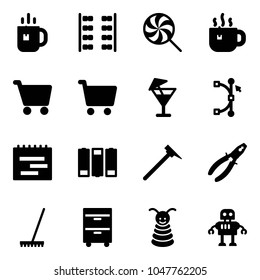 Solid vector icon set - tea vector, plane seats, lollipop, hot, cart, drink, bezier, terms plan, battery, mason hammer, pliers, rake, tool cabinet, pyramid toy, robot
