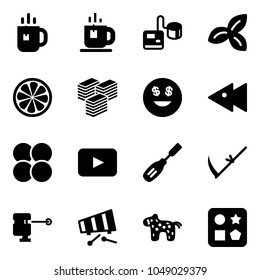 Solid vector icon set - tea vector, tonometer, three leafs, lemon slice, big cash, dollar smile, fast backward, atom core, playback, chisel, scythe, laser lever, xylophone, toy horse, cube hole