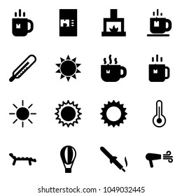 Solid vector icon set - tea vector, coffee machine, fireplace, thermometer, sun, hot, green, lounger, air balloon, soldering iron, dryer