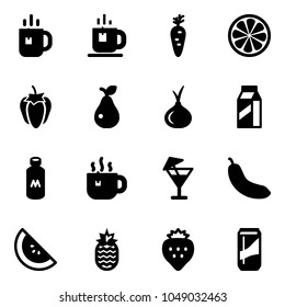 Solid vector icon set - tea vector, carrot, lemon slice, sweet pepper, pear, onion, milk, hot, drink, banana, watermelone, pineapple, strawberry