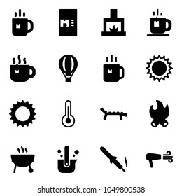 Solid vector icon set - tea vector, coffee machine, fireplace, hot, air balloon, green, sun, thermometer, lounger, fire, grill, casting of steel, soldering iron, dryer