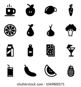 Solid vector icon set - tea vector, apple, lemon, carrot, slice, pear, onion, broccoli, milk, breads, drink, banana, watermelone, pineapple