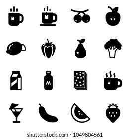 Solid vector icon set - tea vector, rowanberry, apple, lemon, sweet pepper, pear, broccoli, milk, breads, hot, drink, banana, watermelone, strawberry