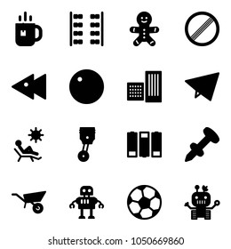 Solid vector icon set - tea vector, plane seats, cake man, no limit road sign, fast backward, record, building, paper fly, beach, piston, battery, nail dowel, wheelbarrow, robot, soccer ball