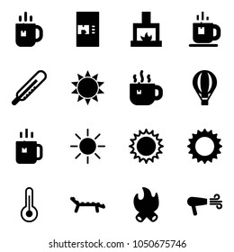Solid vector icon set - tea vector, coffee machine, fireplace, thermometer, sun, hot, air balloon, green, lounger, fire, dryer
