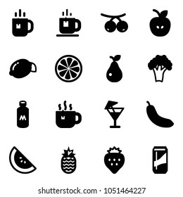 Solid vector icon set - tea vector, rowanberry, apple, lemon, slice, pear, broccoli, milk, hot, drink, banana, watermelone, pineapple, strawberry