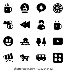 Solid vector icon set - tea vector, snowball tree, merry christmas message, lemon slice, encashment, fast backward, manager, green, money smile, bungalow, forest, playback, xylophone, toy horse, bus