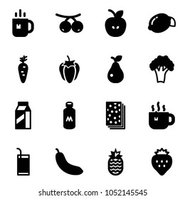Solid vector icon set - tea vector, rowanberry, apple, lemon, carrot, sweet pepper, pear, broccoli, milk, breads, hot, drink, banana, pineapple, strawberry