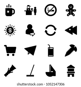 Solid vector icon set - tea vector, passport control, no smoking sign, cake man, dollar sun, user login, refresh, fast backward, cart, paper fly, drink, screw, dowel, rake, sailboat toy, block house