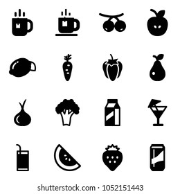 Solid vector icon set - tea vector, rowanberry, apple, lemon, carrot, sweet pepper, pear, onion, broccoli, milk, drink, watermelone, strawberry